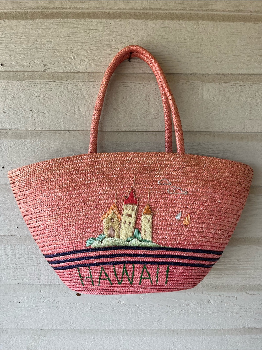 Vintage Handwoven Pink Straw Large Tote Bag with Hawaii Sand Castle Embroidery